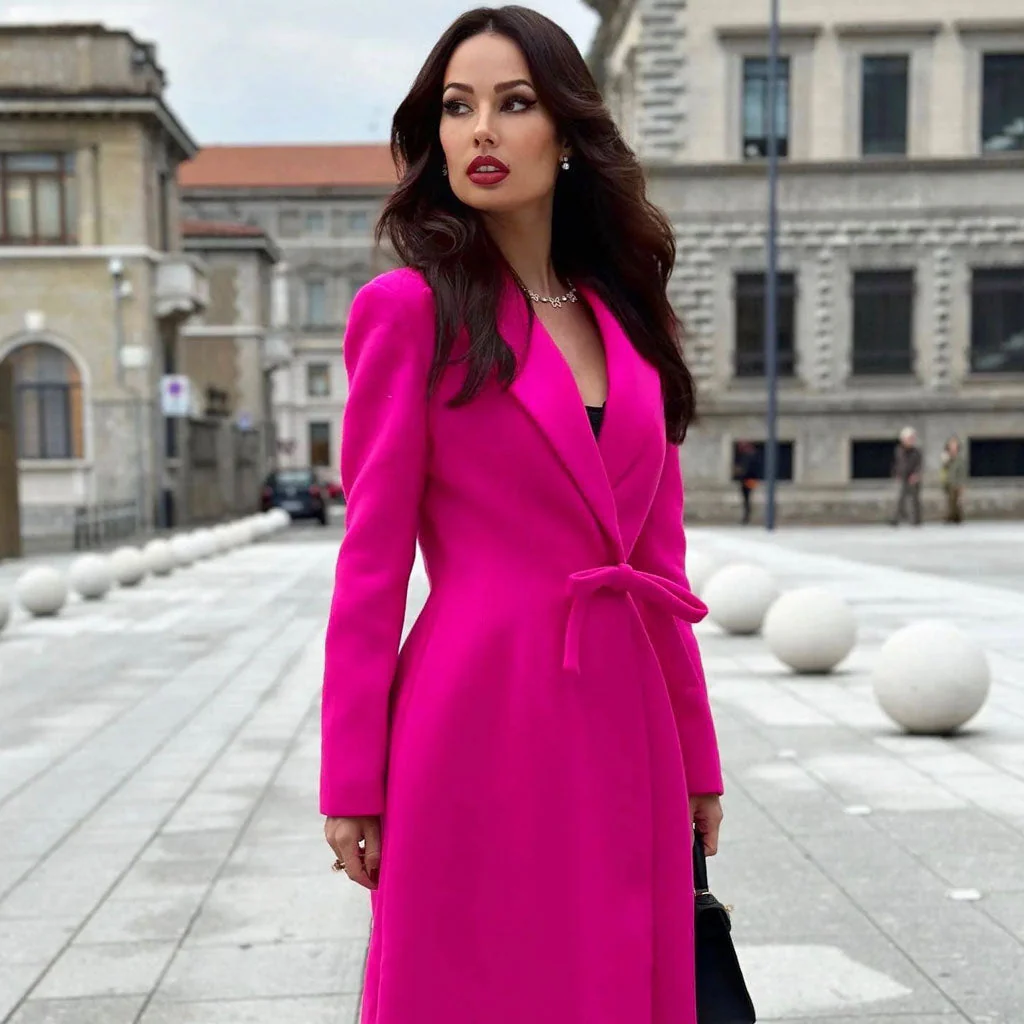 Elegant Notched Lapel Bow Waist Padded Long Sleeve Wool Blend Wrap Coat - Image 4