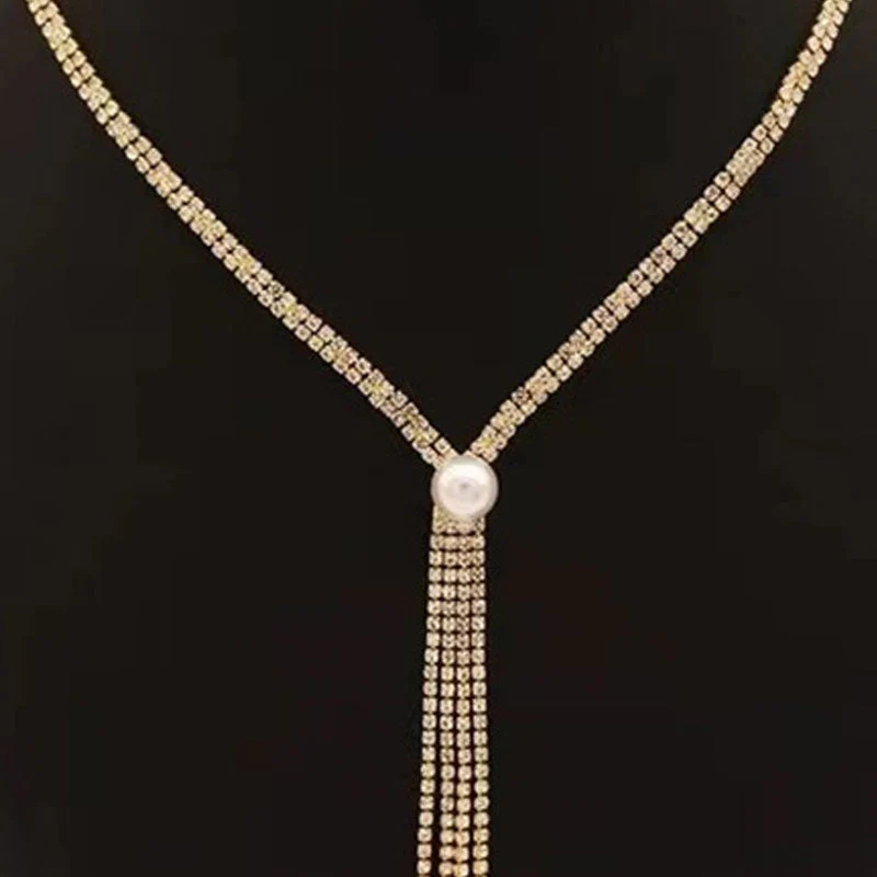 Elegant Pearl Detail Rhinestone Embellished Tassel Lariat NeckLace - Silver