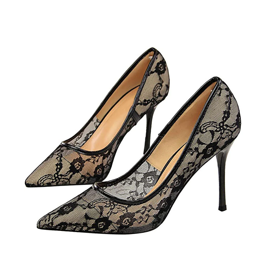 Elegant Pointed Toe Floral Lace Mesh Stiletto Heel Pumps - Black - Image 2