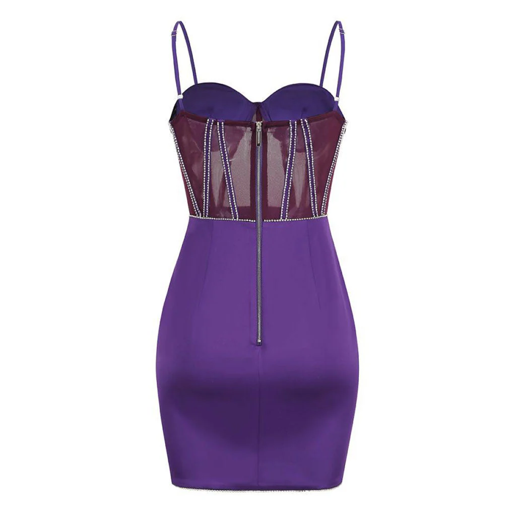 Elegant Rhinestone Sheer Mesh Panel Sweetheart Cami Satin Mini Party Dress - Image 2