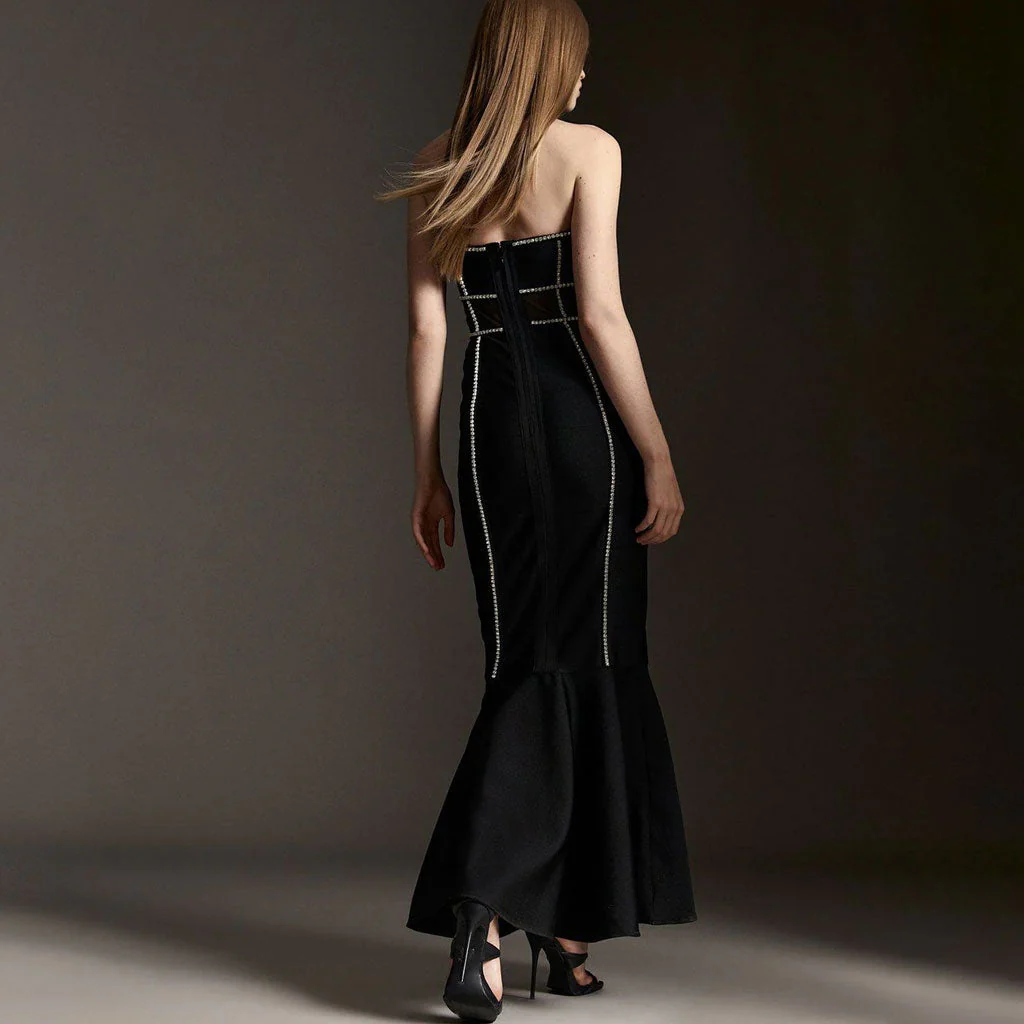 Elegant Rhinestone Trim Sheer Mesh Strapless Bandage Maxi Mermaid Evening Dress - Image 3