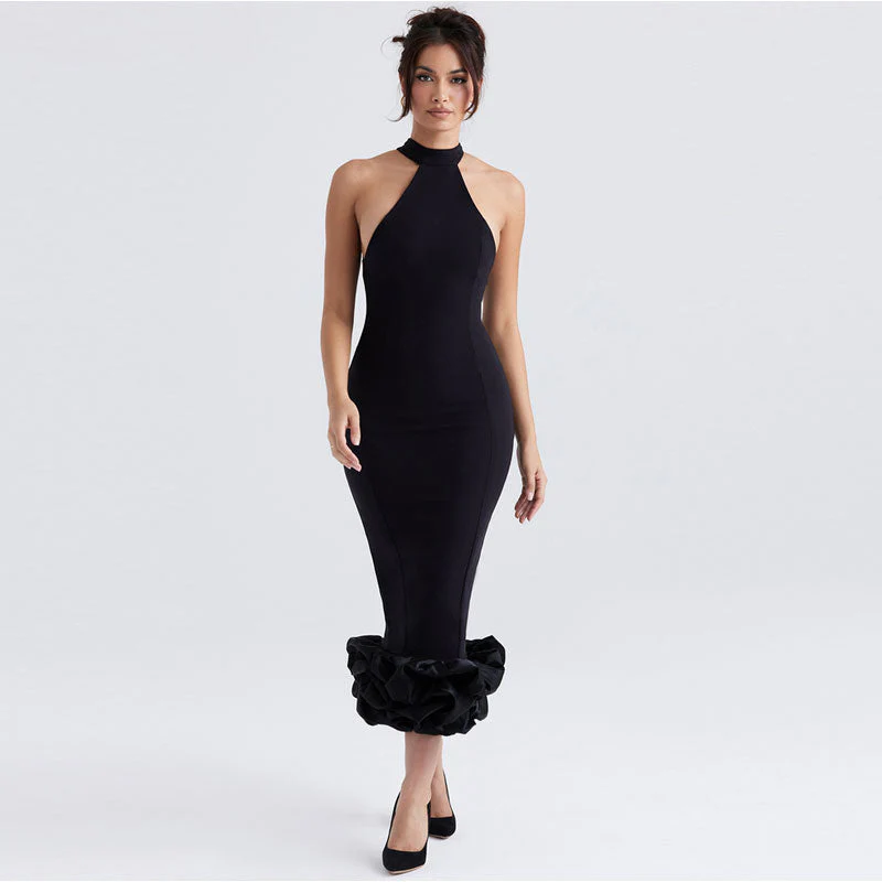 Elegant Ruffle Trim High Neck Sleeveless Bodycon Midi Dress - Black - Image 2