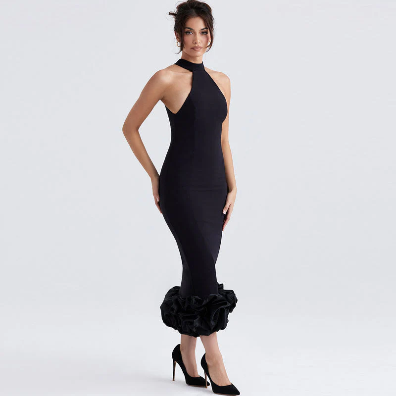 Elegant Ruffle Trim High Neck Sleeveless Bodycon Midi Dress - Black - Image 3
