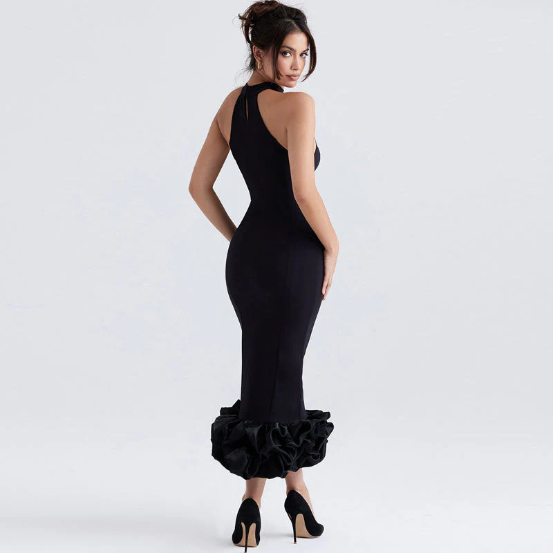 Elegant Ruffle Trim High Neck Sleeveless Bodycon Midi Dress - Black - Image 4