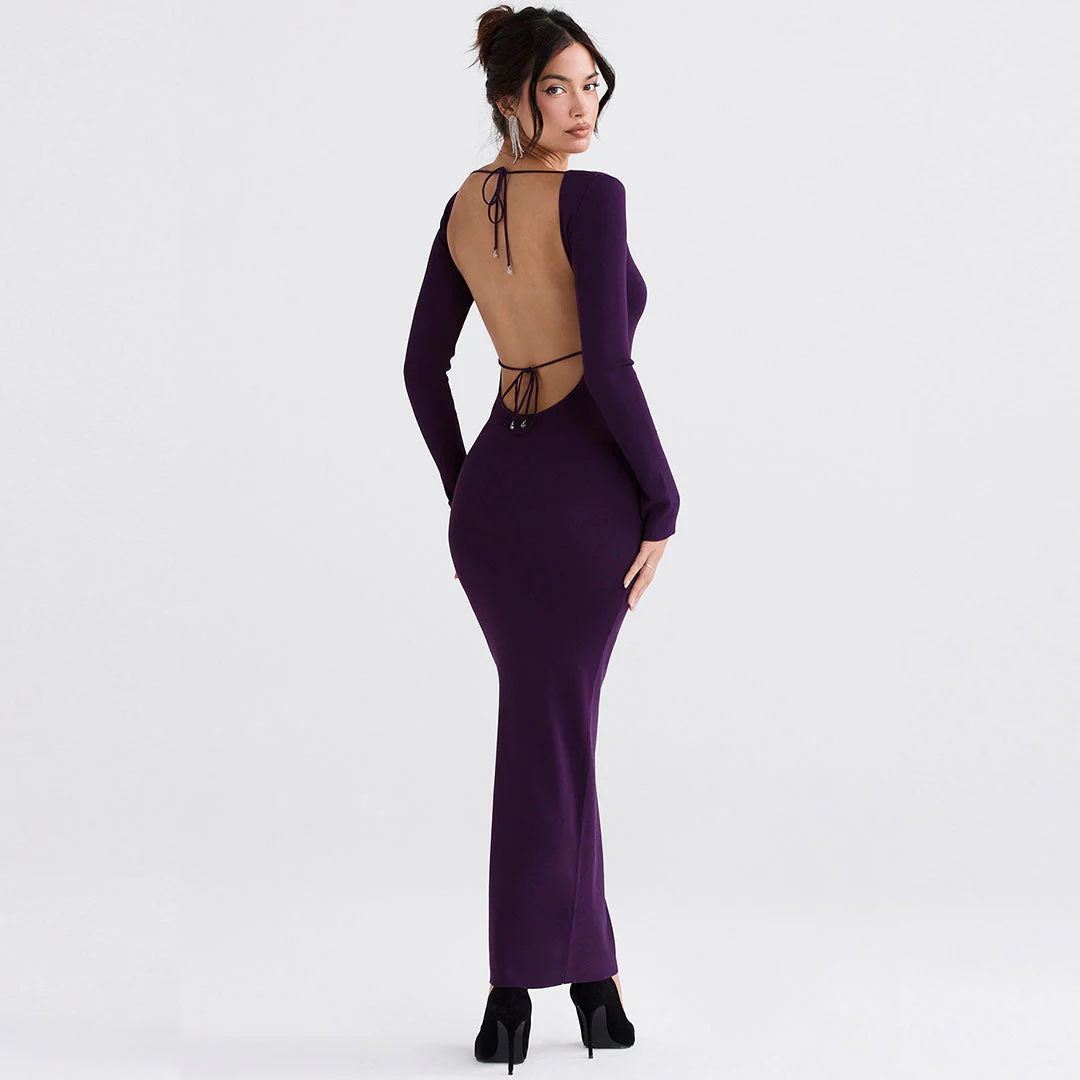 Elegant Solid Color Long Sleeve Backless Bodycon Maxi Dress - Purple - Image 3