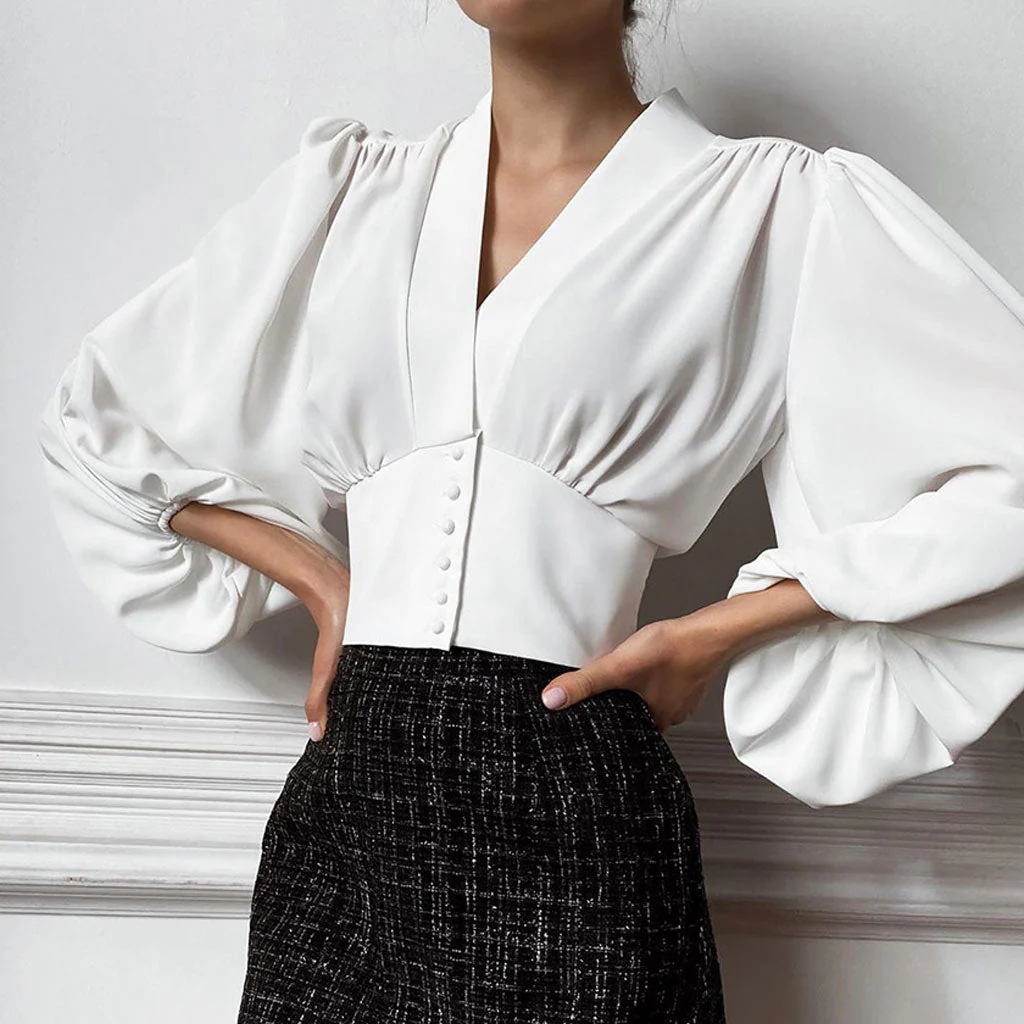 Elegant Solid Ruched Lantern Sleeve V Neck Button Up Cropped Chiffon Blouse - Image 2