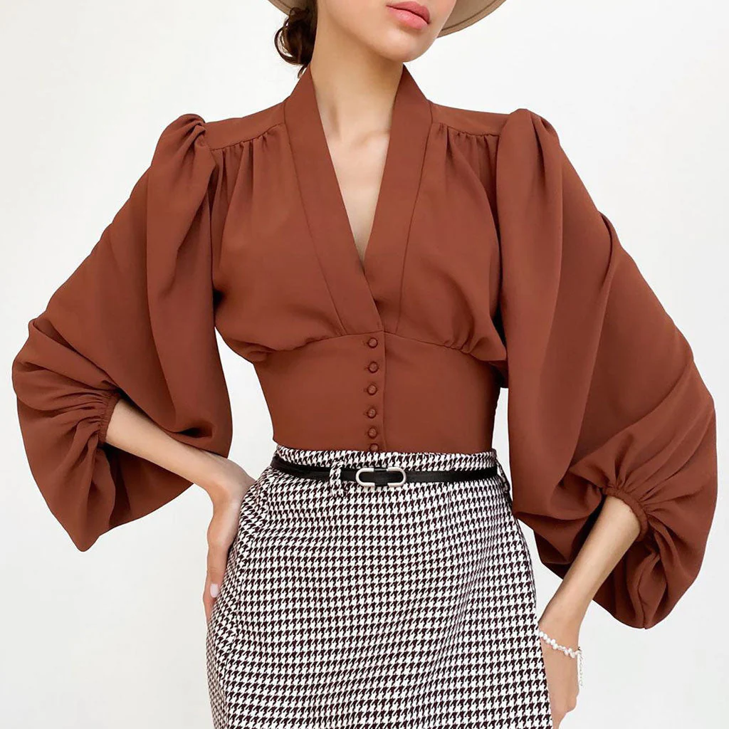 Elegant Solid Ruched Lantern Sleeve V Neck Button Up Cropped Chiffon Blouse - Image 4