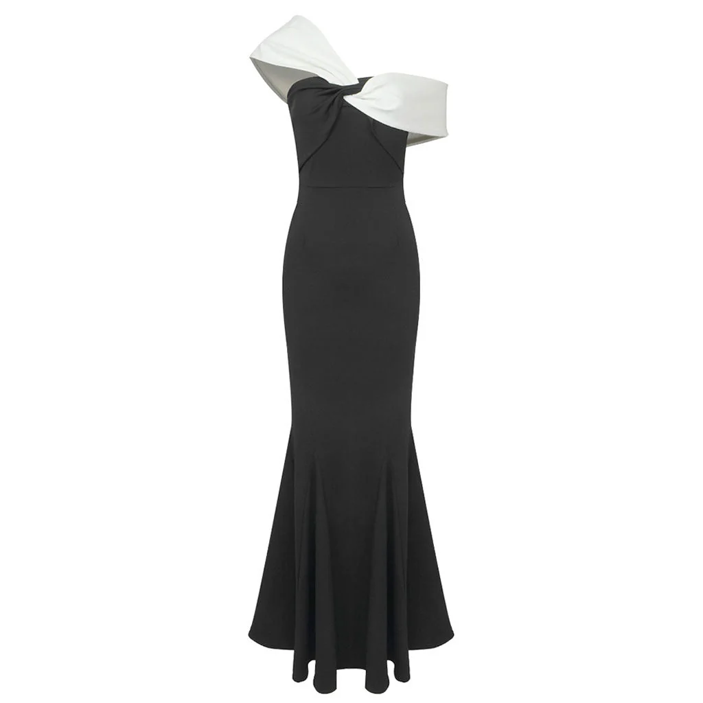 Elegant Style White and Black Twist One Shoulder Jersey Fishtail Maxi Dress - Image 4
