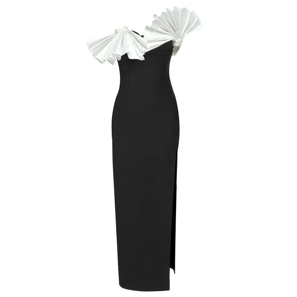 Elegant Two Tone Ruffled Fan Applique Strapless Bandage Maxi Evening Dress - Image 3