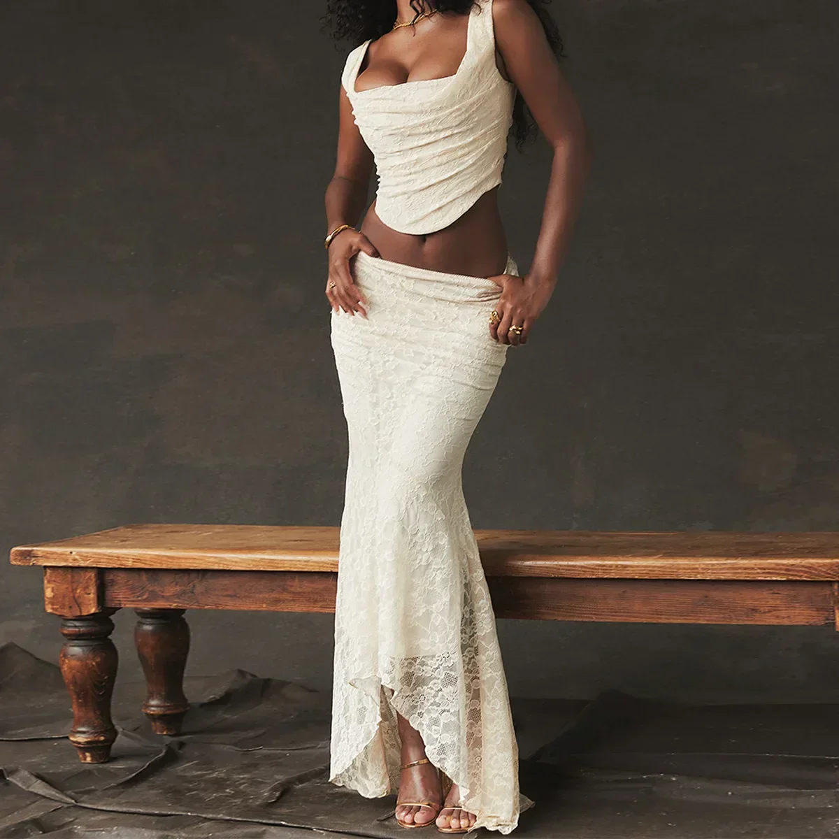 Lace UP CROP TOP and MAXI Skirt SET