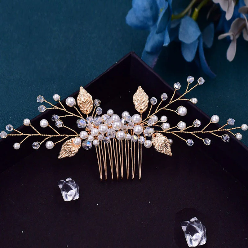 Embossed Leaf Branch Trim Faux Pearl Crystal Embellished Hair Comb - Gold - Image 2