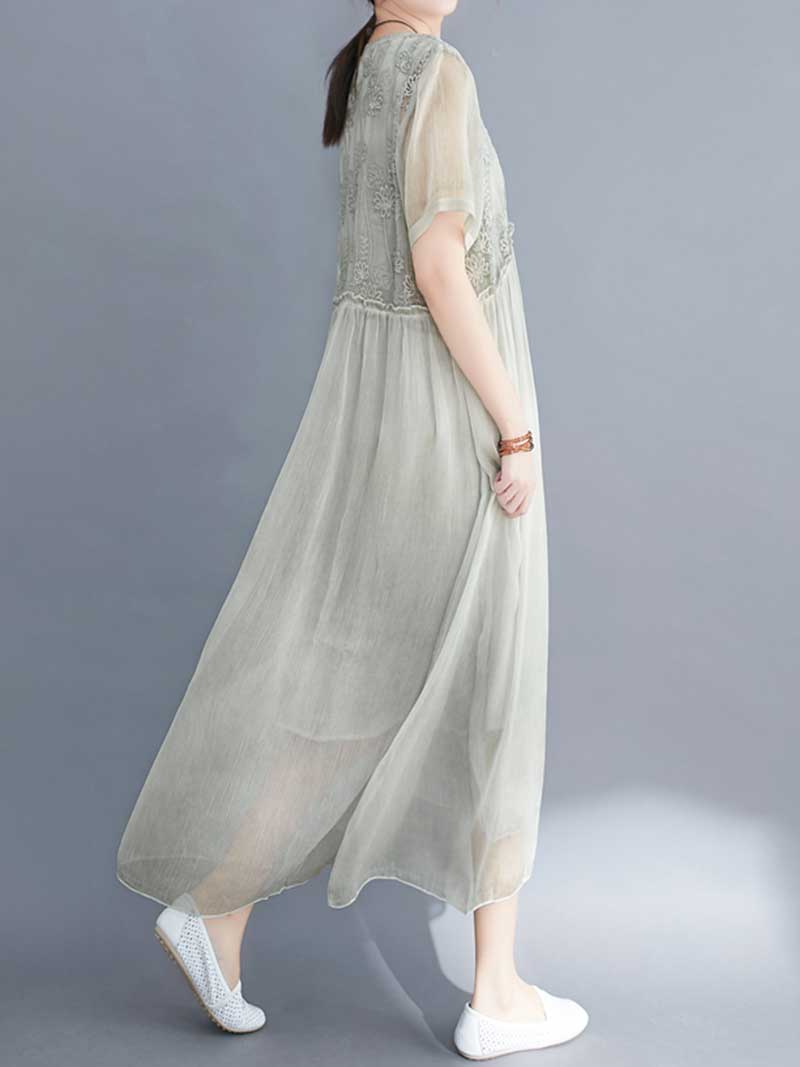 Embroidered Silk Round-Neck A-Line Dress - Image 10