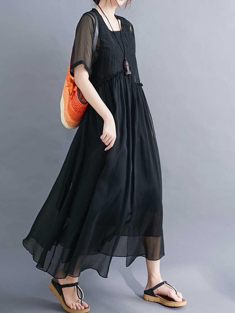 Embroidered Silk Round-Neck A-Line Dress - Image 16