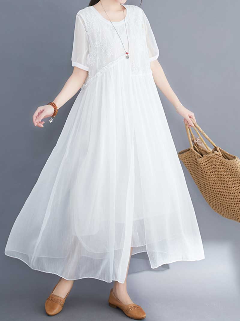 Embroidered Silk Round-Neck A-Line Dress - Image 3