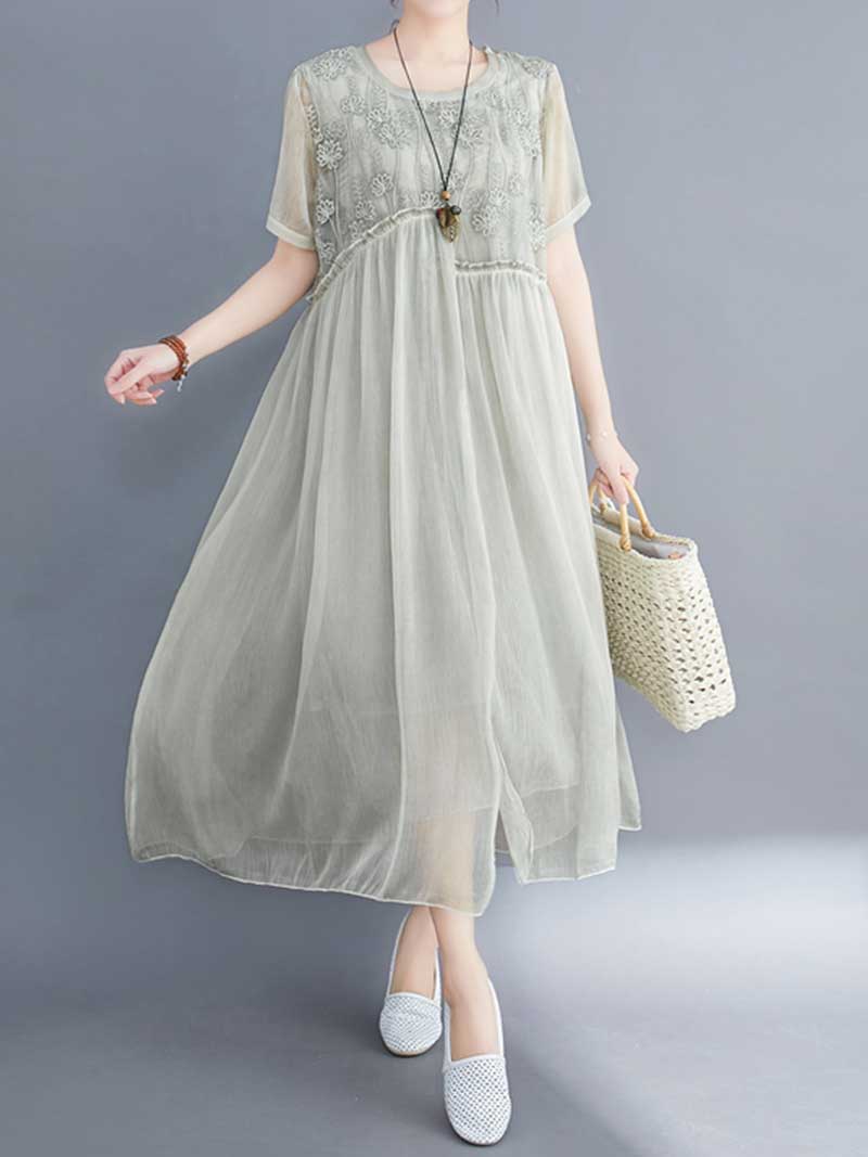 Embroidered Silk Round-Neck A-Line Dress - Image 5