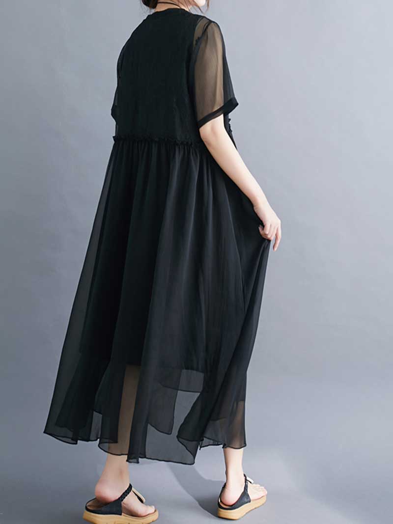 Embroidered Silk Round-Neck A-Line Dress - Image 6