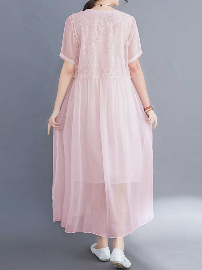 Embroidered Silk Round-Neck A-Line Dress - Image 9