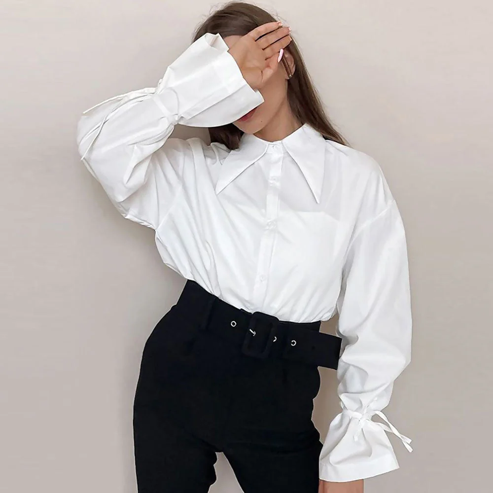 Enchanting Pointed Collar Button Down Drop Shoulder Bishop Sleeve Blouse - White - Image 2
