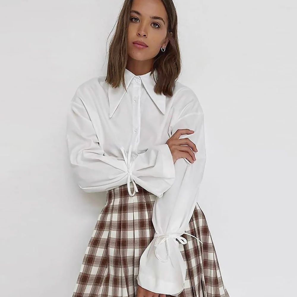 Enchanting Pointed Collar Button Down Drop Shoulder Bishop Sleeve Blouse - White - Image 3