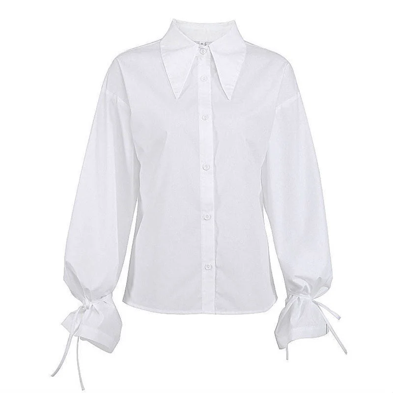 Enchanting Pointed Collar Button Down Drop Shoulder Bishop Sleeve Blouse - White - Image 4