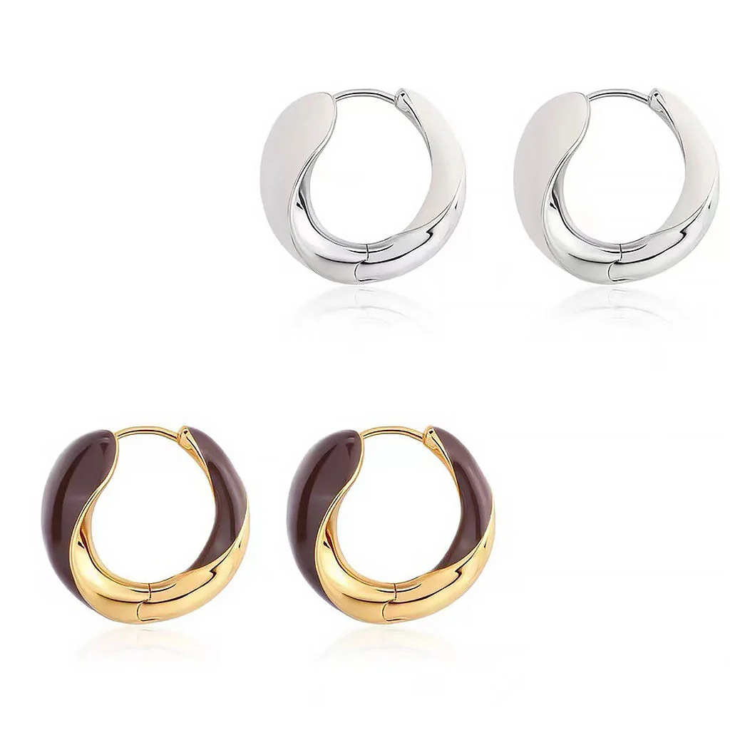 Luxury Metallic Enameled Two Tone Hinged Hoop Earrings - Image 3