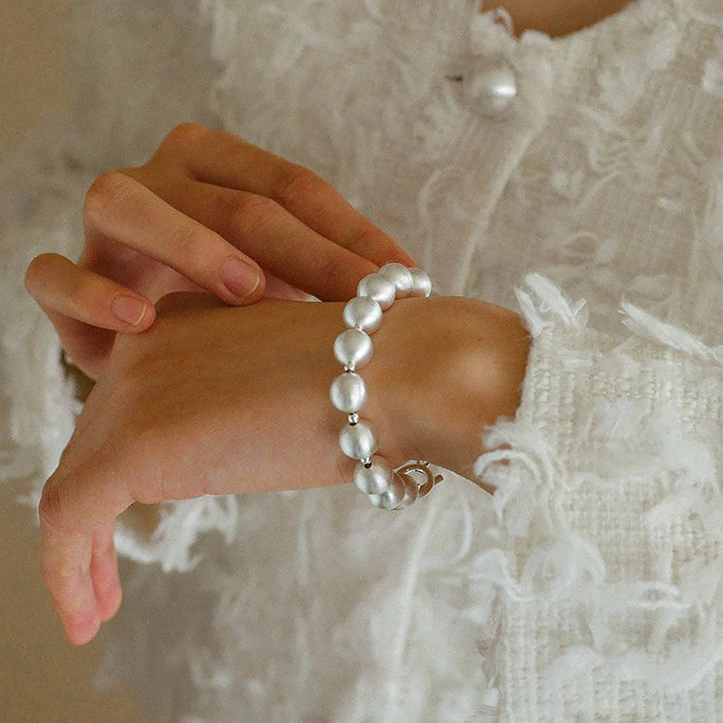 Opulent Brushed Satin Sterling Silver Pearlized Ball Bracelet - Image 2