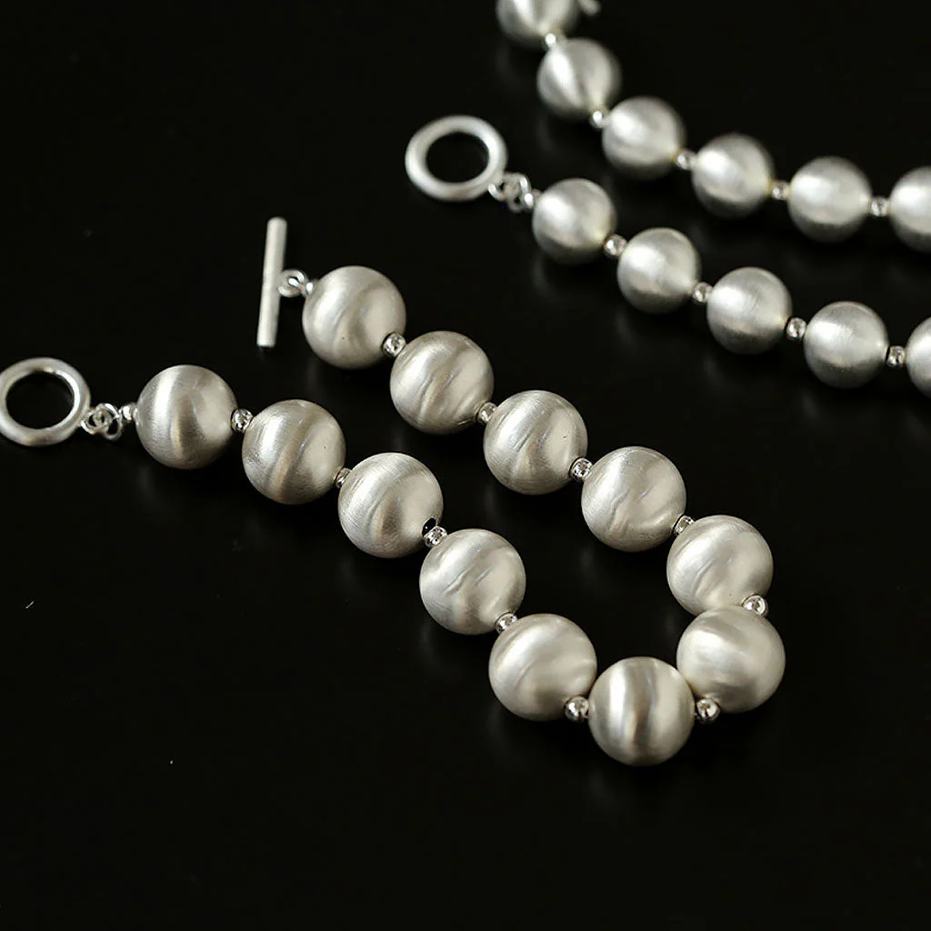 Opulent Brushed Satin Sterling Silver Pearlized Ball Bracelet - Image 4