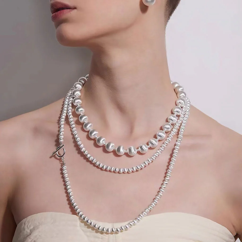 Quiet Luxury Brushed Satin Ball Sterling Silver Lariat NeckLace - Image 4