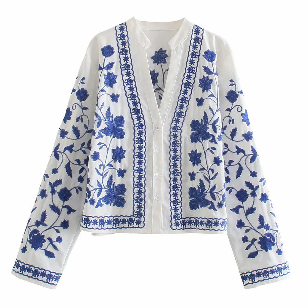 etro Floral Embroidered Long Sleeve Cotton-Blend Blouse - White - Image 4