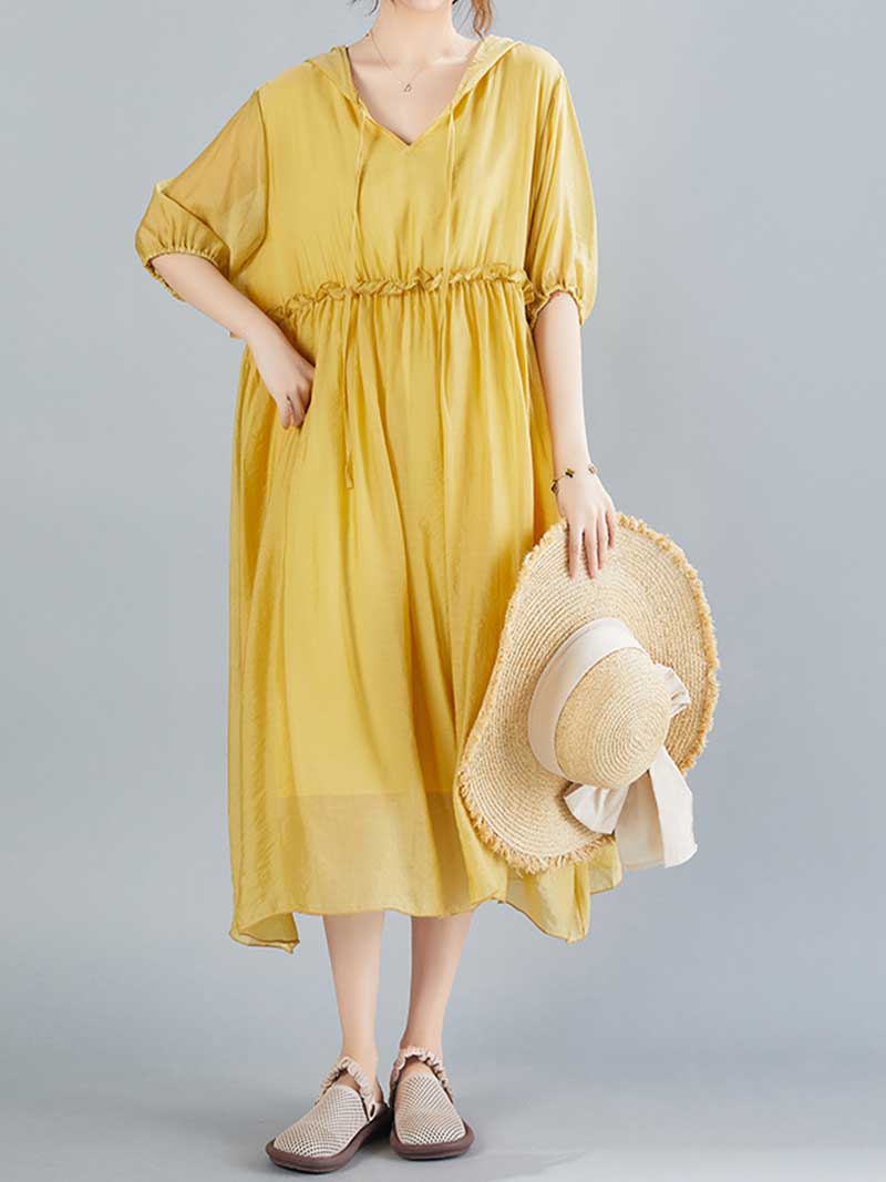 Plain Cotton Short Sleeves Hooded Style A-Line Dress - Image 10