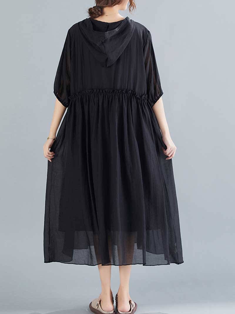 Plain Cotton Short Sleeves Hooded Style A-Line Dress - Image 6