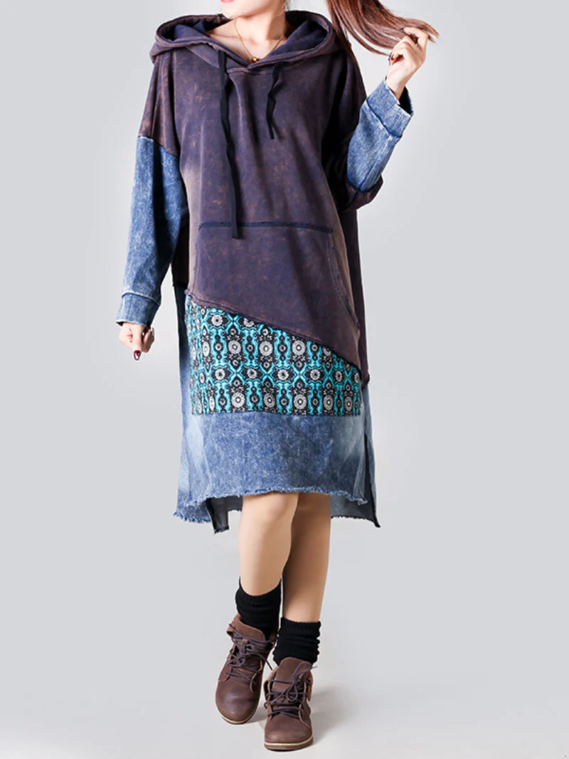Retro Large Size Hooded Long Sleeve Pullover Denim Midi Dress - Image 6