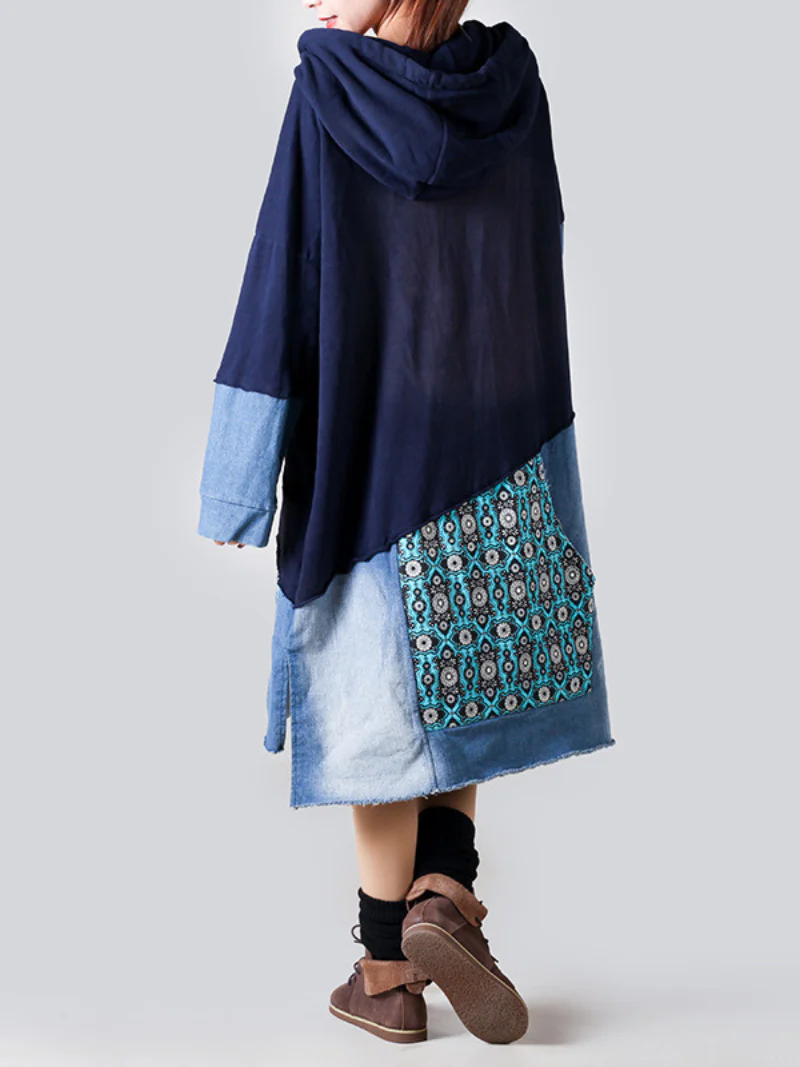 Retro Large Size Hooded Long Sleeve Pullover Denim Midi Dress - Image 7