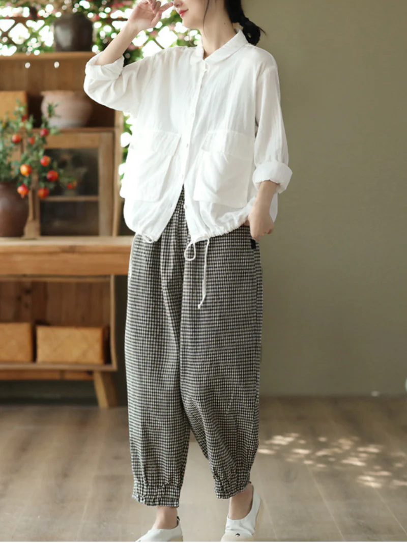Elastic Waist Plaid Casual Harem Trousers Bottom Pants - Image 3