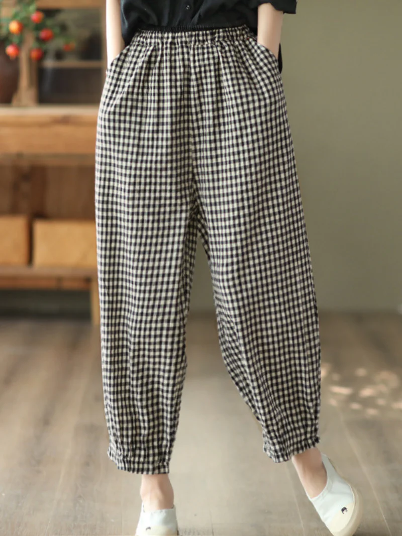 Elastic Waist Plaid Casual Harem Trousers Bottom Pants - Image 5