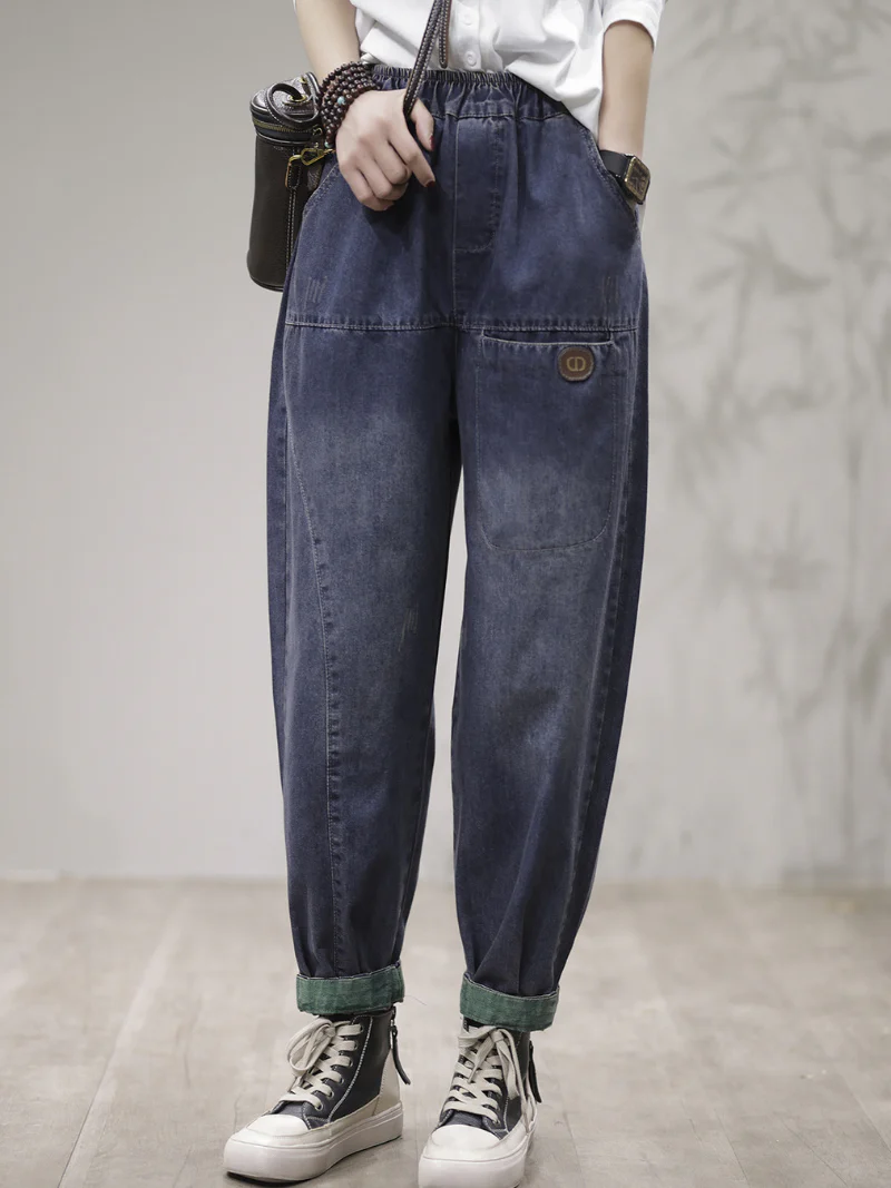 Women Loose Fit Harem Cotton Denim Jeans Trousers Pants - Image 2
