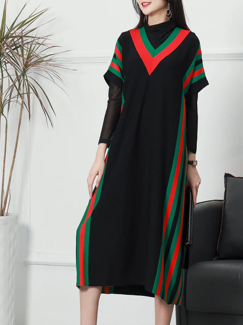 Summer New Stylish Striped Long Bat Sleeve Knitted Midi-Dress - Image 3