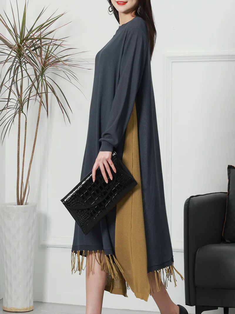 Female Knitted Long Sleeves Round Neck Middle Waist Midi-Dress - Image 4