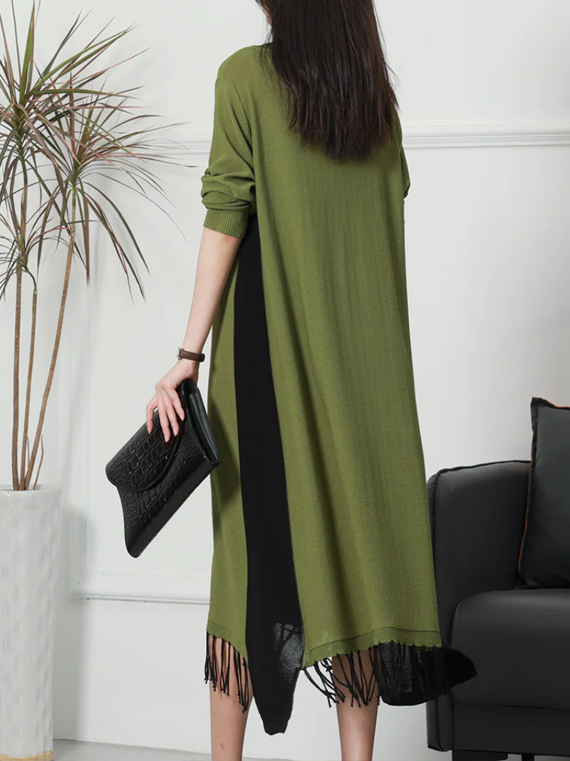 Female Knitted Long Sleeves Round Neck Middle Waist Midi-Dress - Image 7