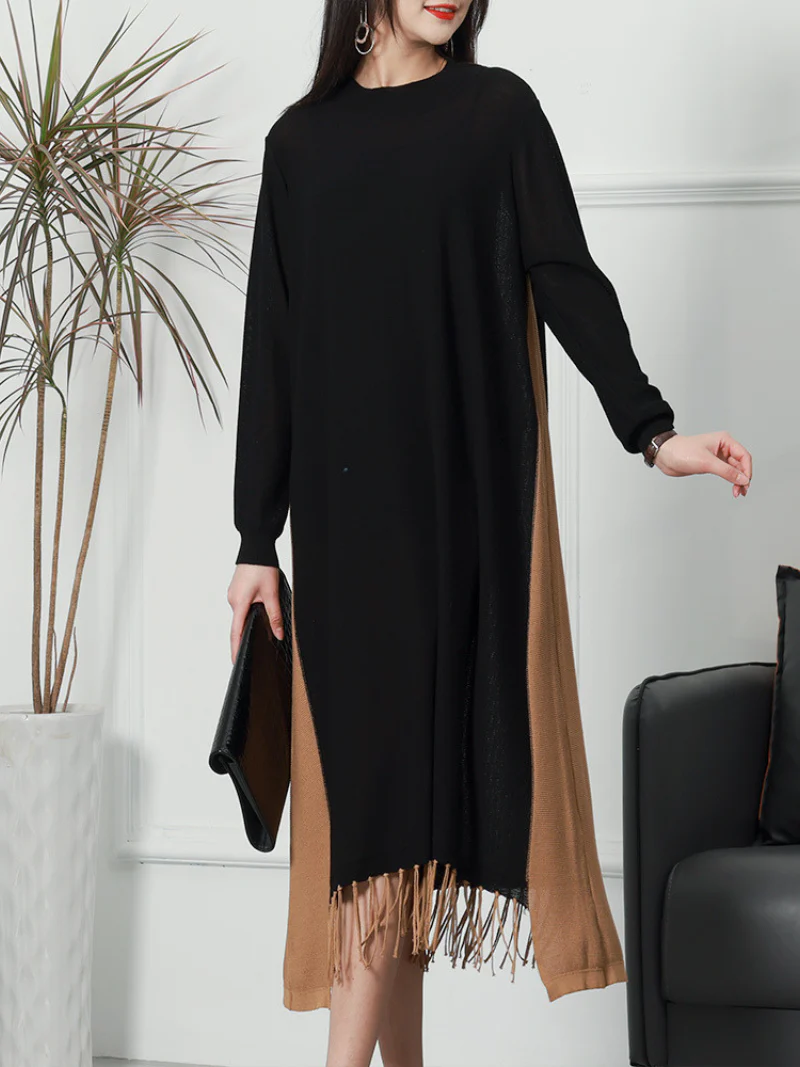 Female Knitted Long Sleeves Round Neck Middle Waist Midi-Dress - Image 9