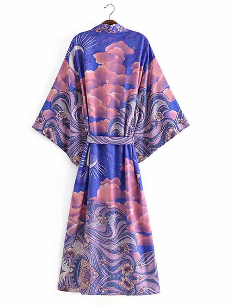 Summer Partywear Floral With Moon Print Purple  Color Silk Long Length Gown Kimono Duster Robe - Image 2