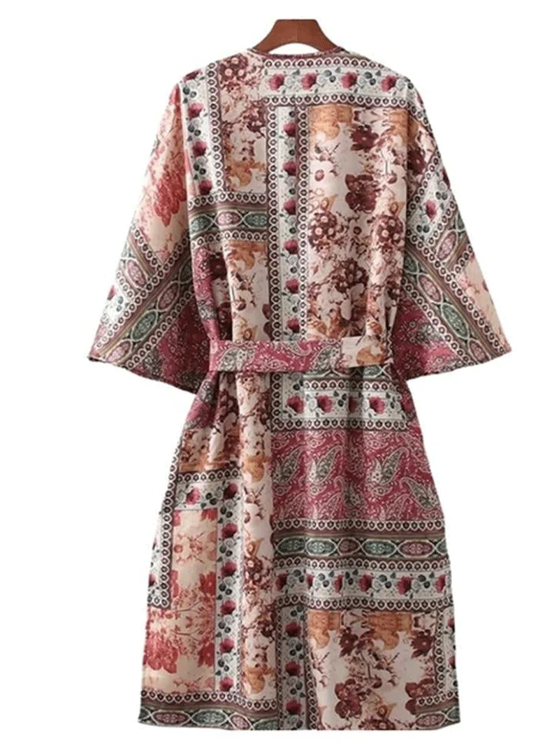 Partywear Long Kimono Floral Print Red Polyester Long Length Gown Kimono Duster Robe - Image 2