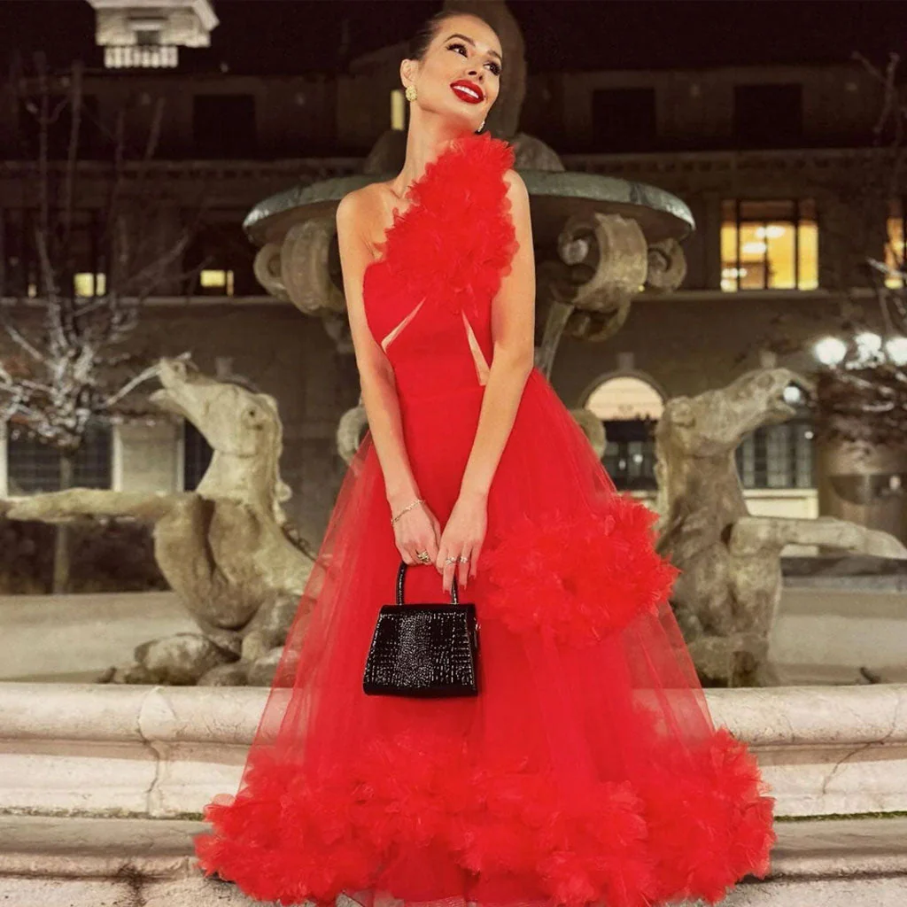 Exaggerated 3D Floral Applique Tulle One Shoulder Fit and Flare Gown Maxi Dress - Image 2
