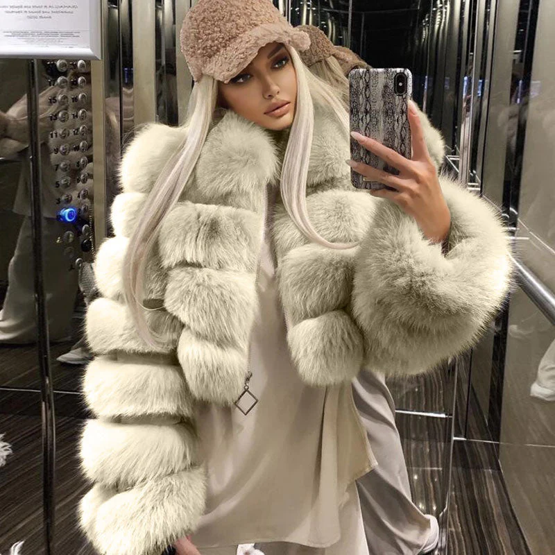 Exaggerated Long Sleeve Spread Collar Bubble Cropped Faux Fur Coat - Beige - Image 2