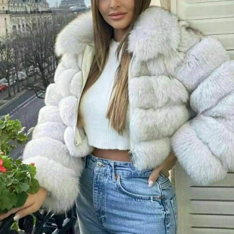 Exaggerated Long Sleeve Spread Collar Bubble Cropped Faux Fur Coat - White - Image 3