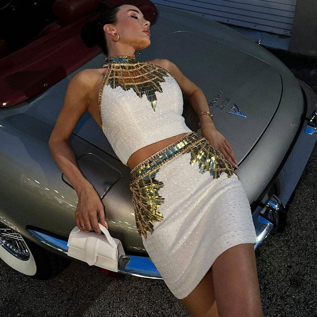 Exquisite Golden Tone Sequin Beaded High Waist Bodycon Tweed Mini Skirt - Image 3