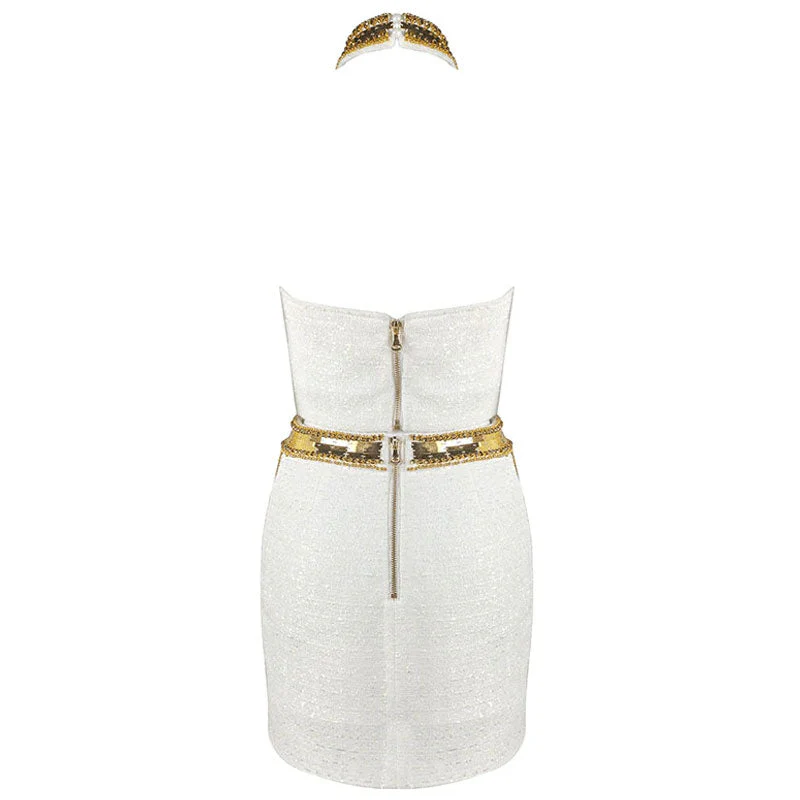 Exquisite Golden Tone Sequin Beaded High Waist Bodycon Tweed Mini Skirt - Image 7