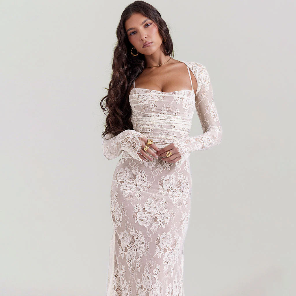 Exquisite Shrug Spaghetti Strap Sleeveless Ruched Evening Maxi Floral Lace Dress - Image 6