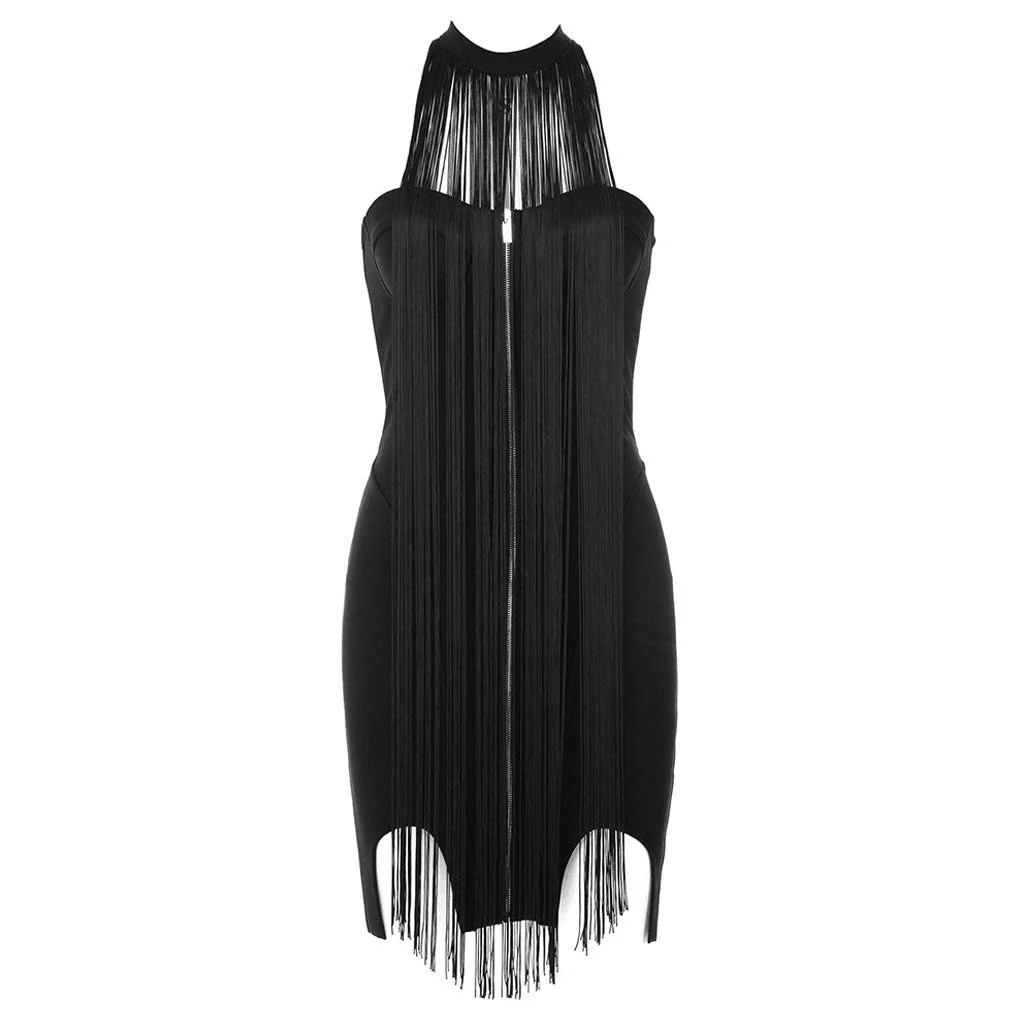 Extraordinary Tassel Choker Zip Front Sweetheart Neck Notch Hem Mini Bandage Dress - Image 5