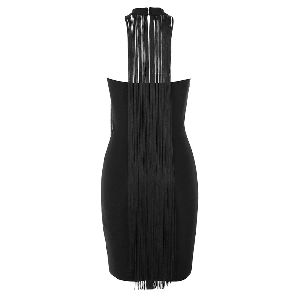 Extraordinary Tassel Choker Zip Front Sweetheart Neck Notch Hem Mini Bandage Dress - Image 6